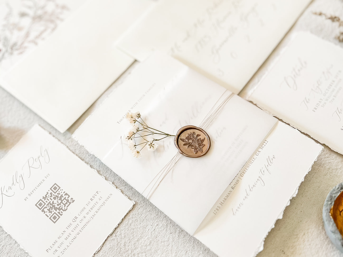 Elegant Ivory Baby’s Breath Invitation with Deckled Edging