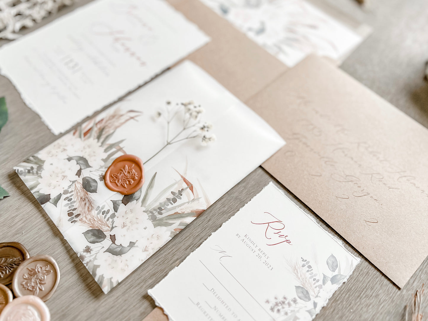 Pampas Grass and White Floral Wedding Invitation with Baby’s Breath, Deckled Edge and Boho Vellum with Wax Seal
