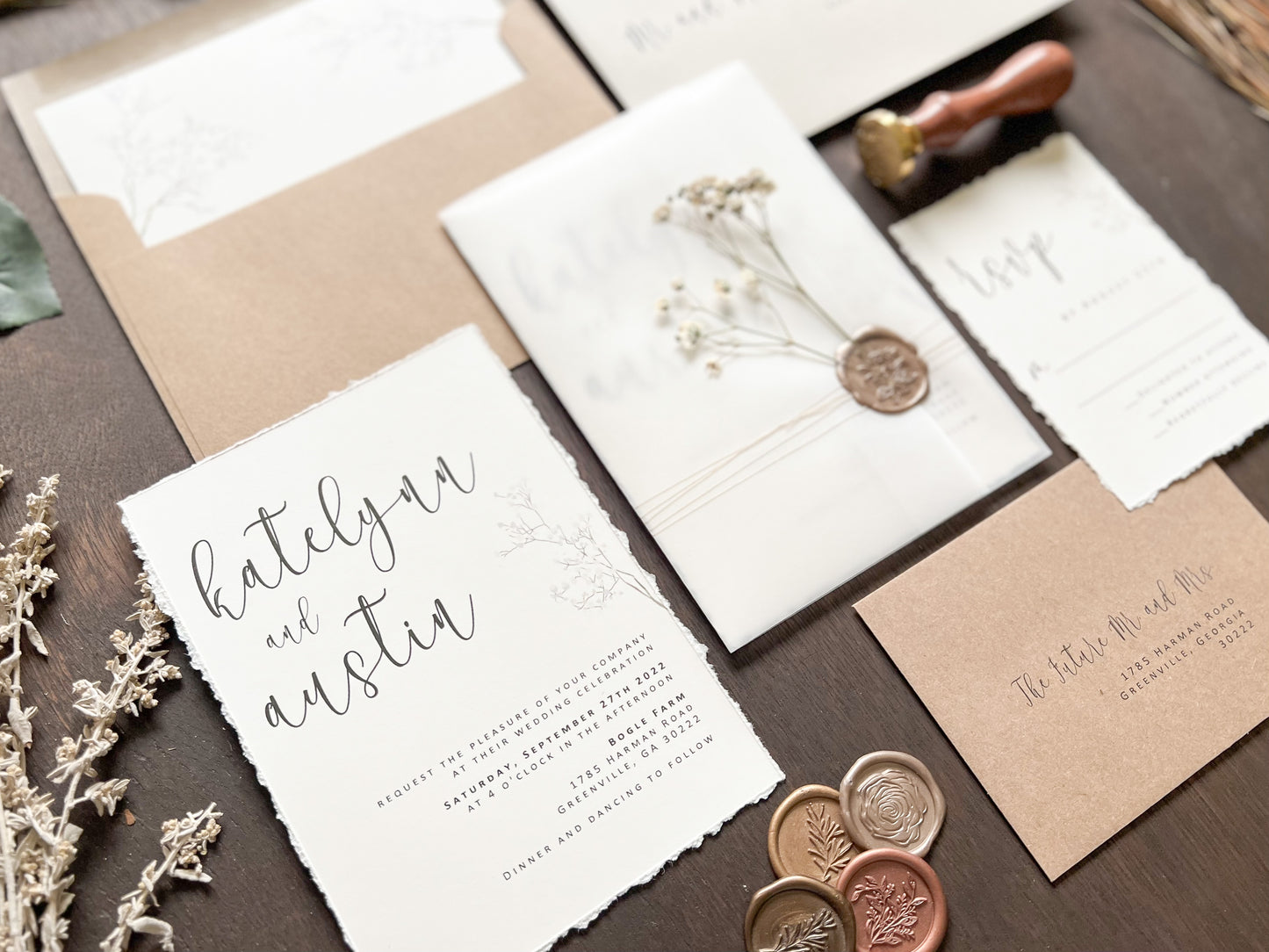 Baby’s Breath Wedding Invitation with Deckled Edging, Vellum Wrap and Wax Seal