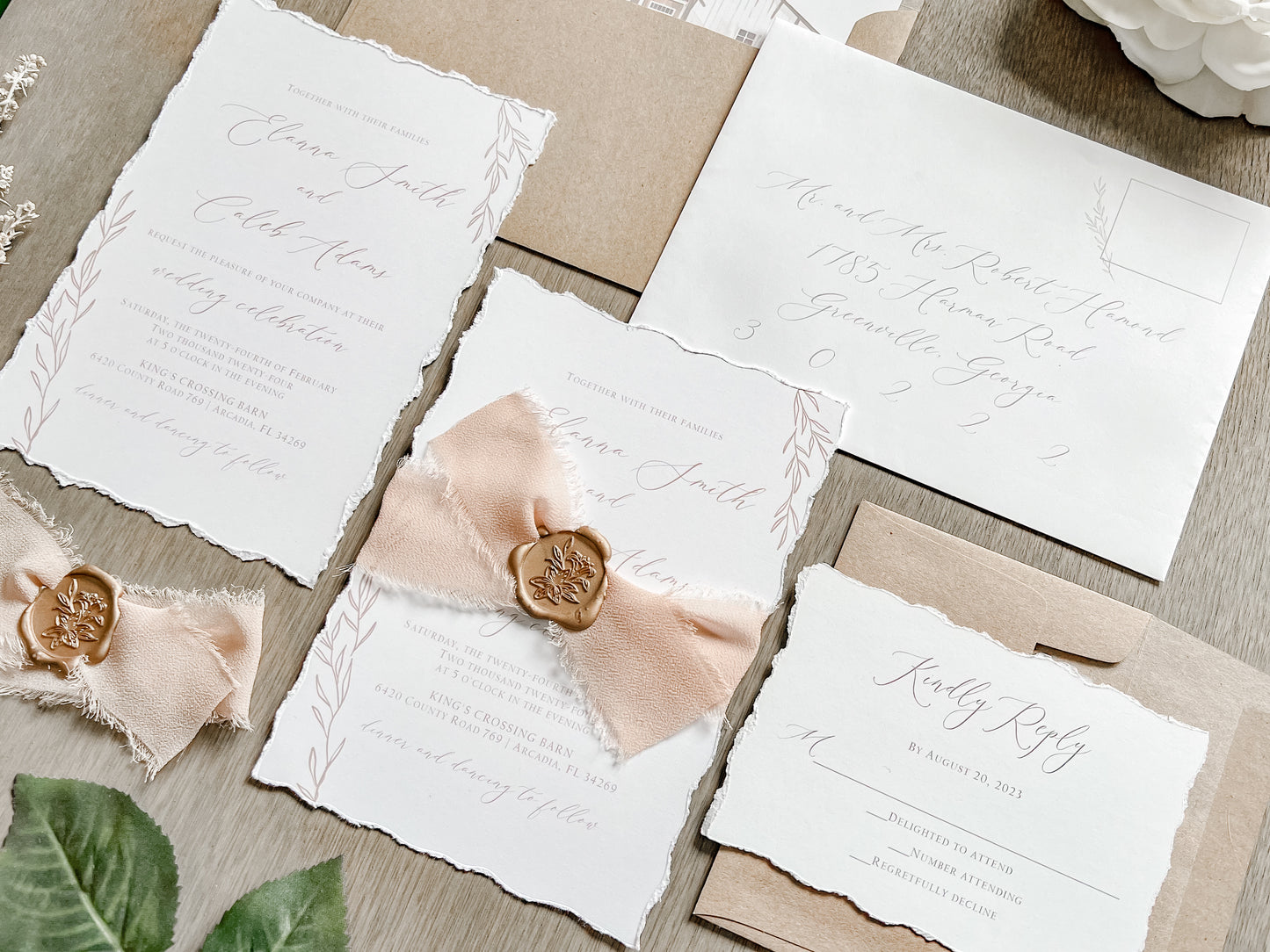 Light Brown Ribbon Wedding Invitation with Deckled Edging & Antique Gold Wax Seal