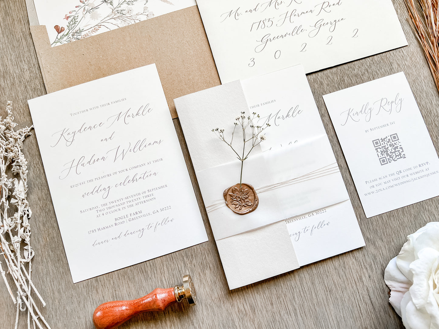 Elegant Beige & Ivory Wedding Invitation with Baby’s Breath
