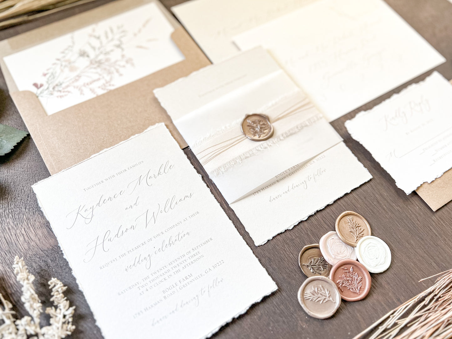 Neutral Wedding Invitation with Deckled Edging, Vellum Bellyband, Chiffon Ribbon and Wax Seal