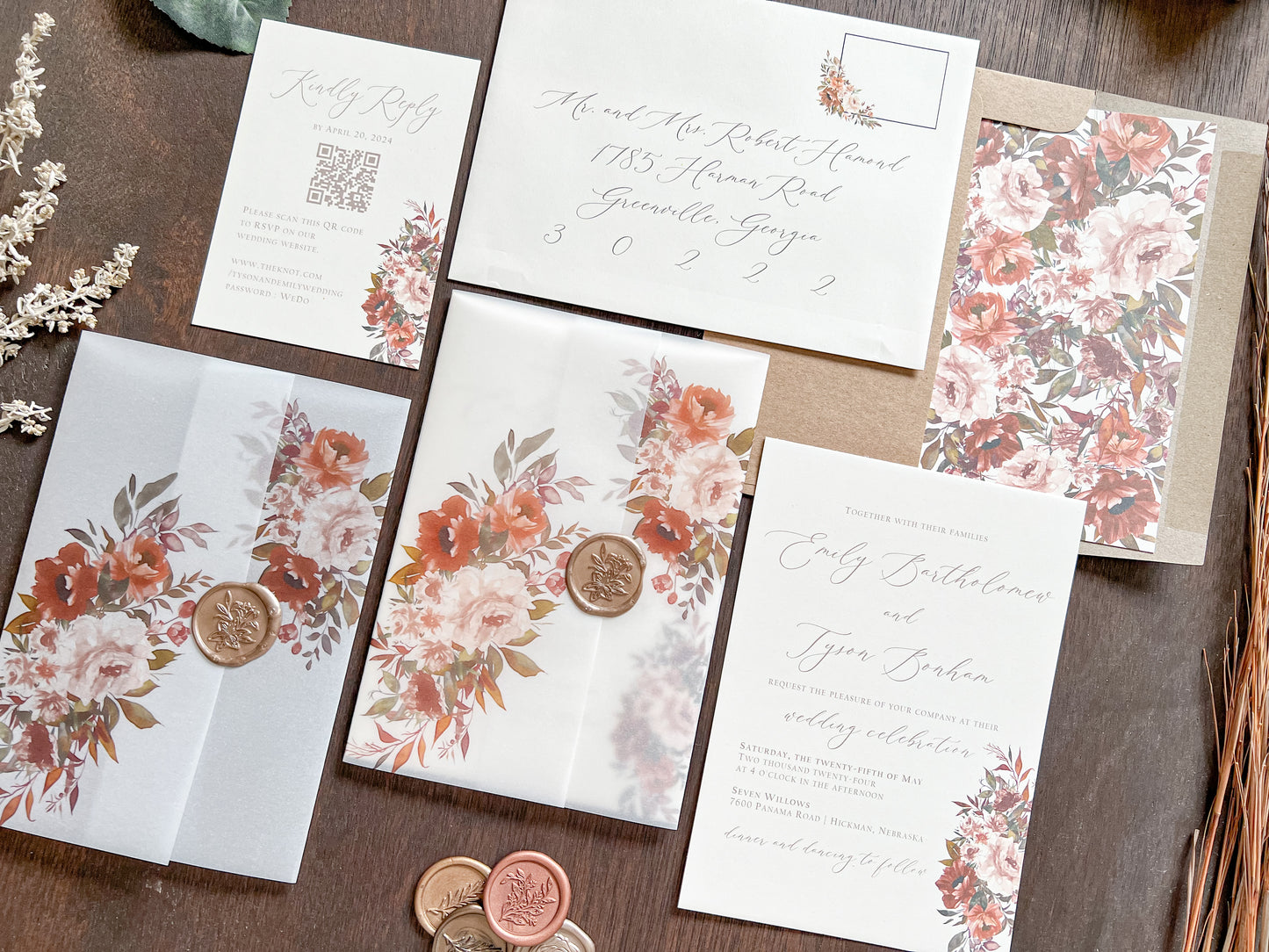 Boho Wedding Invitation wrapped in Vellum & Wax Seal with Copper, Burnt Orange & Rust Foliage