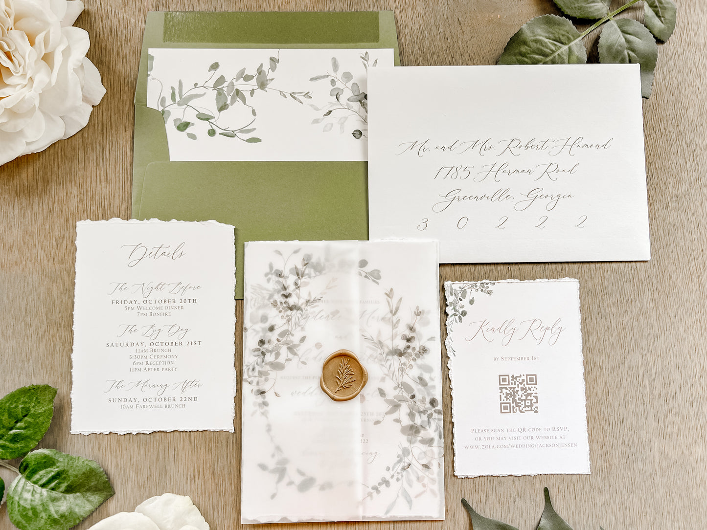 Greenery Wreath Wedding Invitation with Eucalyptus Vellum, Deckled Edging & Wax Seal