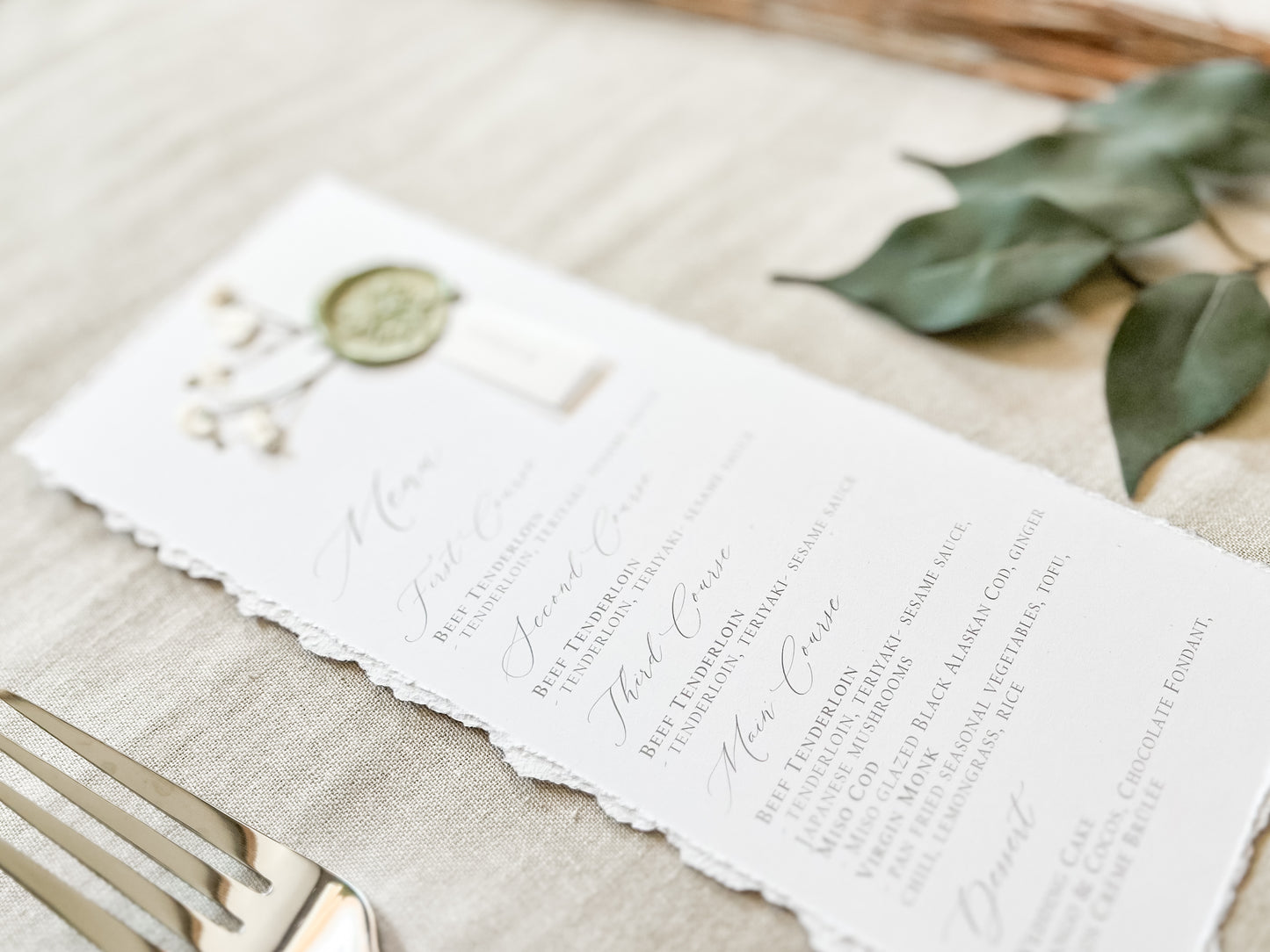 Wedding Menus with Vellum Name Tag, Baby’s Breath and Wax Seal