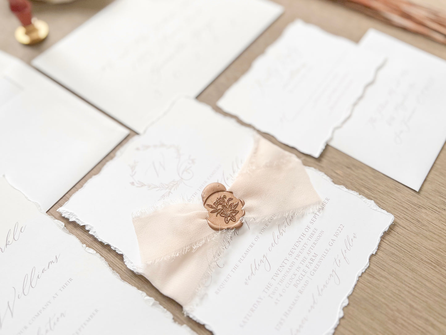 Modern Elegant Wedding Invitation with Light Nude Chiffon & Wax Seal