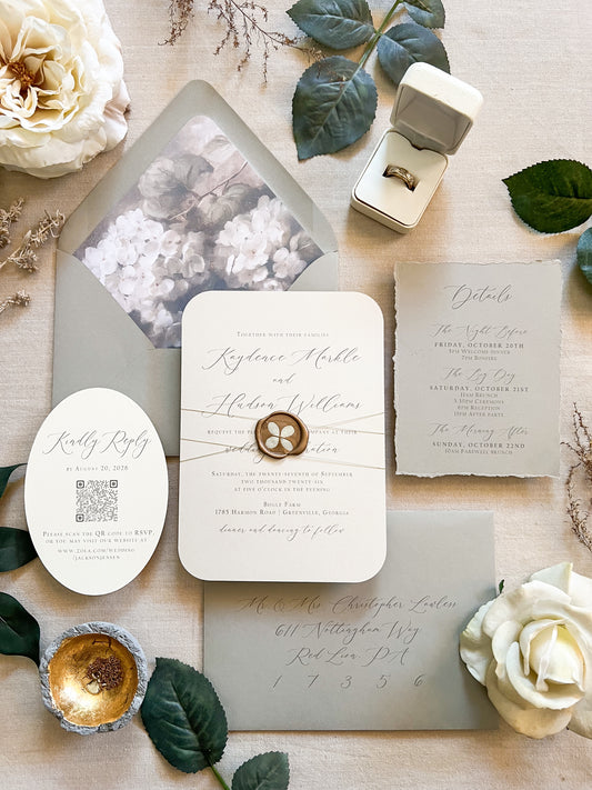 Hydrangea Wedding Invitation with Wax Seal