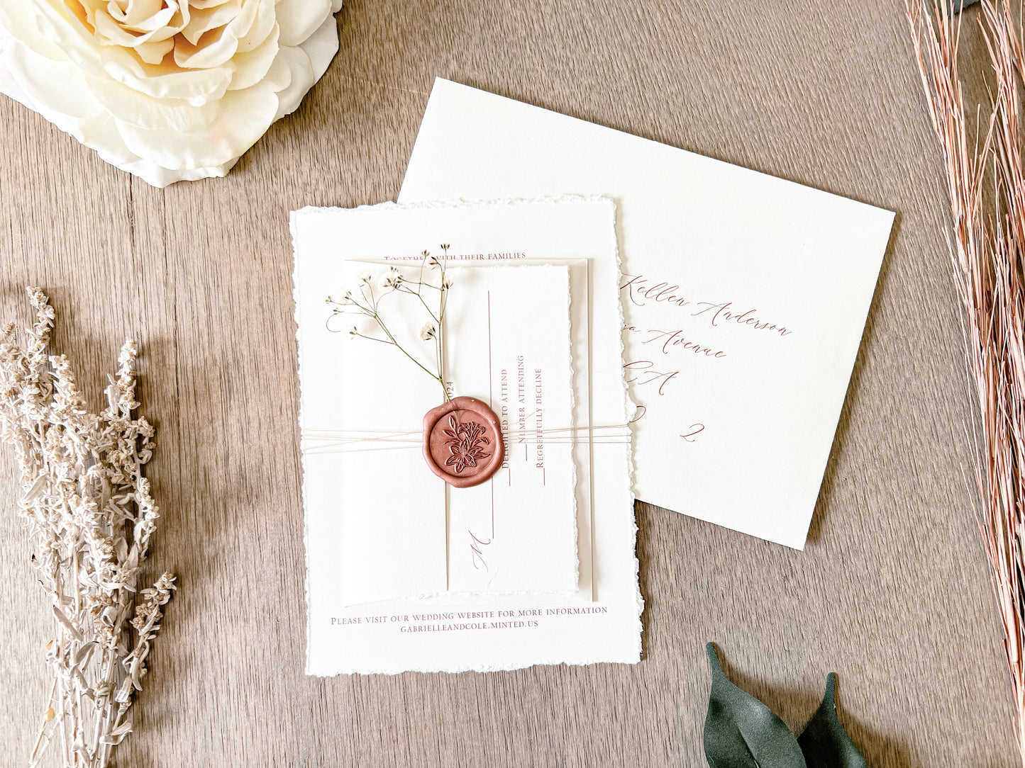 Ivory Baby’s Breath Wedding Invitation with Deckled Edging, Khaki Thread and Copper Wax Seal