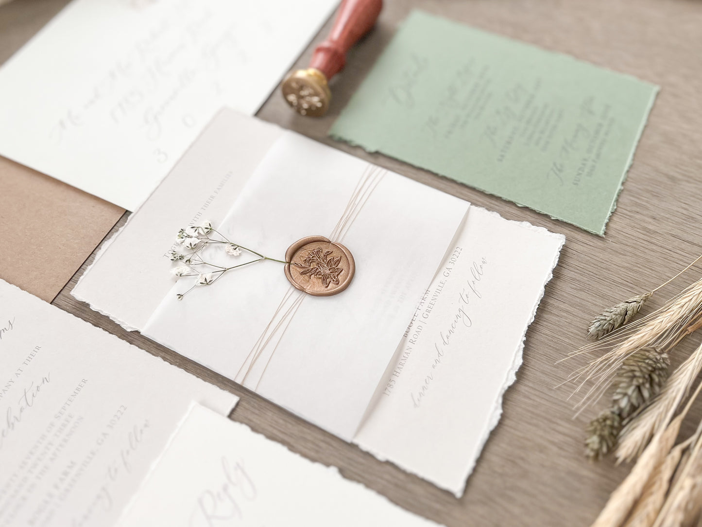 Baby’s Breath Wedding Invitation with Deckled Edging, Baby’s Breath, Vellum and Wax Seal