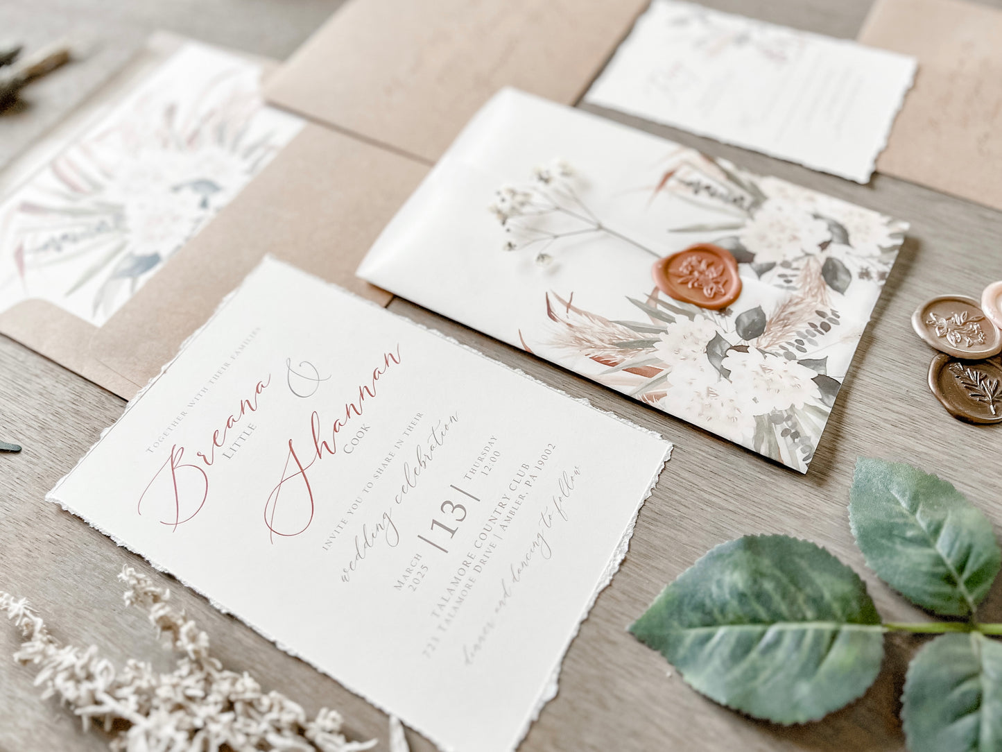 Pampas Grass and White Floral Wedding Invitation with Baby’s Breath, Deckled Edge and Boho Vellum with Wax Seal