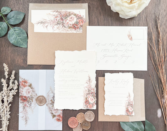 Pampas & Copper Foliage Boho Wedding Invitation with Deckled Edging, Vellum & Wax Seal