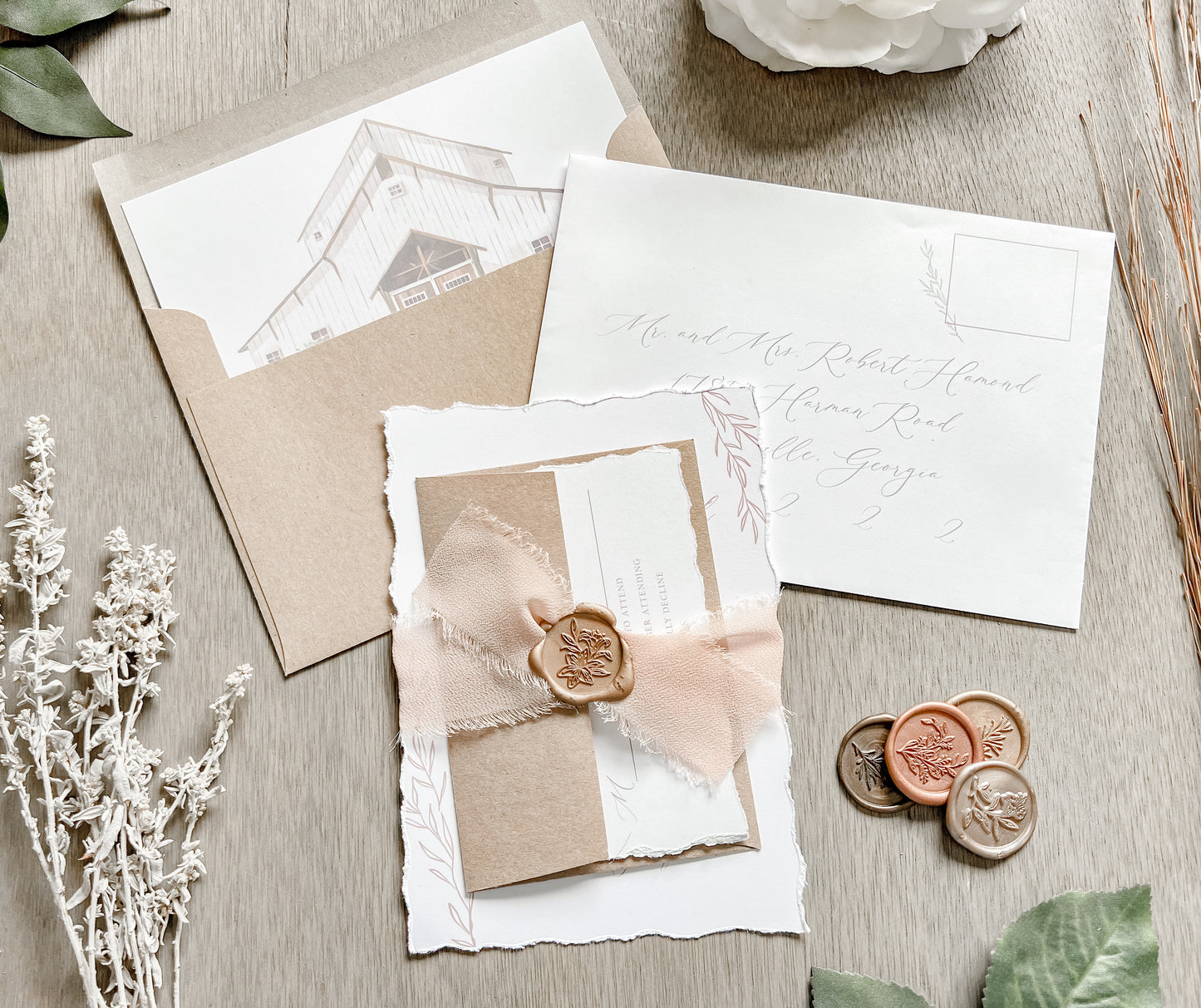 Light Brown Ribbon Wedding Invitation with Deckled Edging & Antique Gold Wax Seal