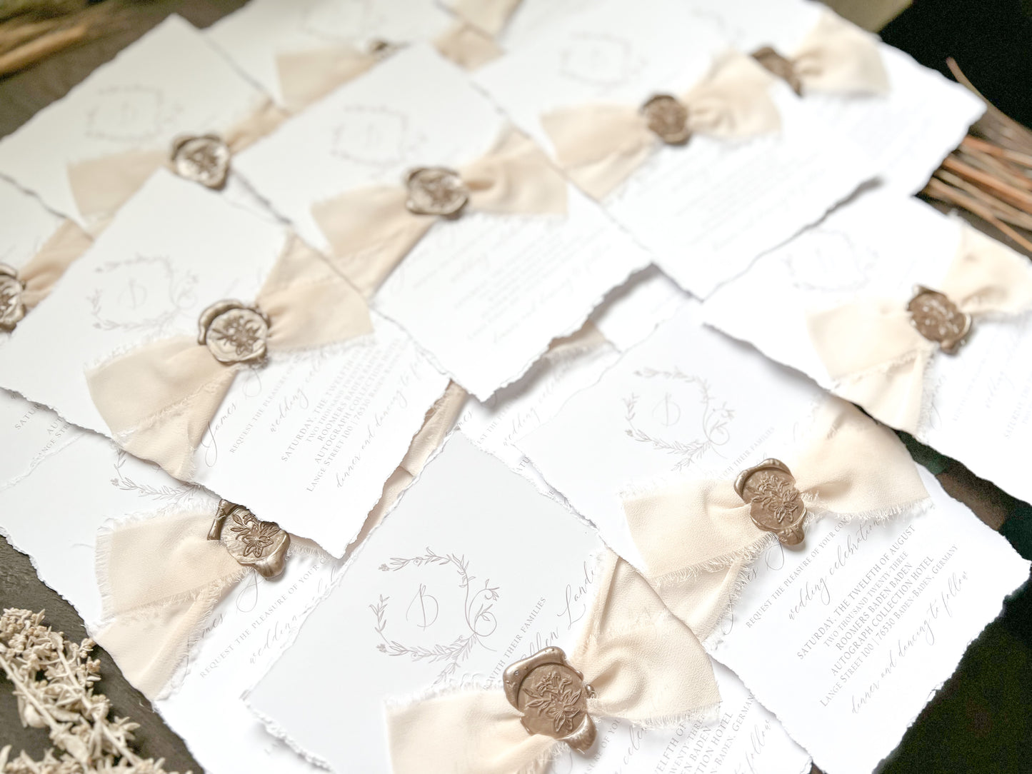 Classy Formal Elegant Wedding Invitation with Deckled Edging, Light Nude Chiffon Ribbon & Wax Seal