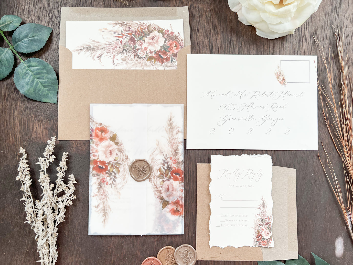 Pampas & Copper Foliage Boho Wedding Invitation with Deckled Edging, Vellum & Wax Seal