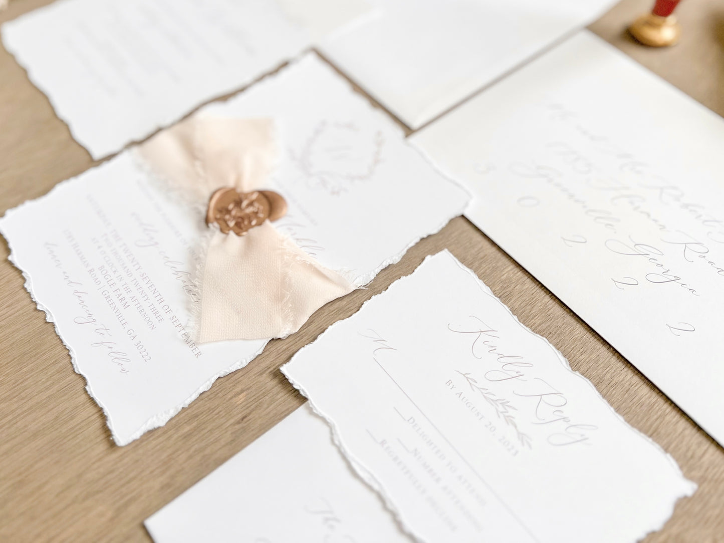 Modern Elegant Wedding Invitation with Light Nude Chiffon & Wax Seal
