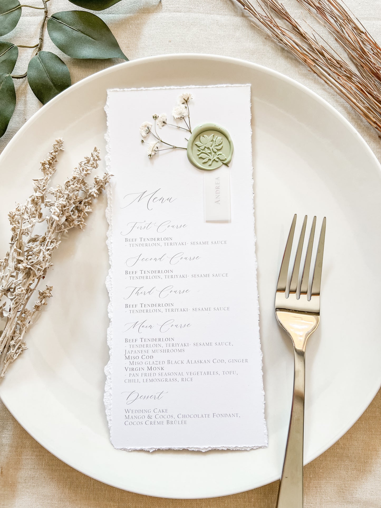 Wedding Menus with Vellum Name Tag, Baby’s Breath and Wax Seal