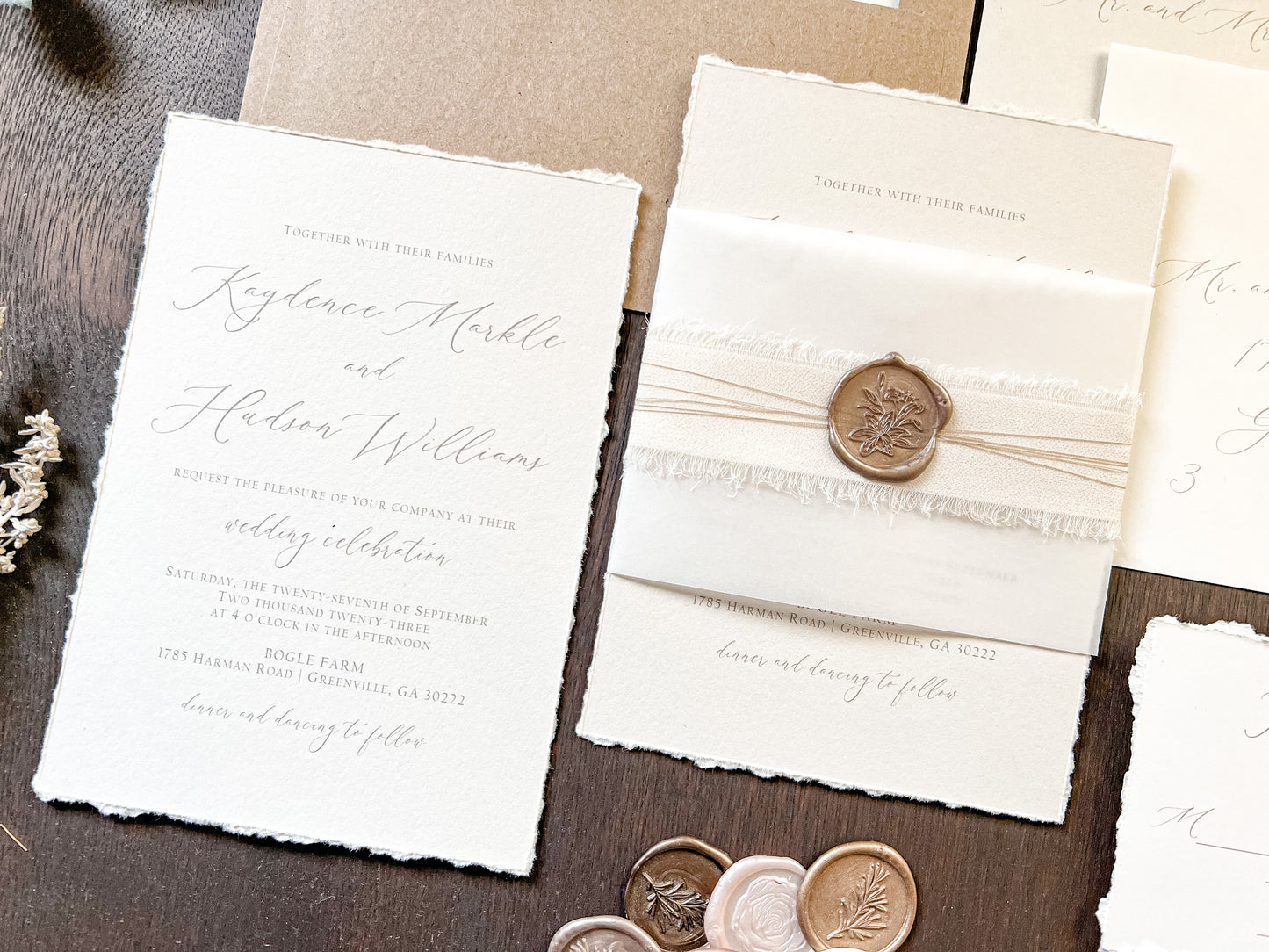 Neutral Wedding Invitation with Deckled Edging, Vellum Belly Band, Chiffon Ribbon and Wax Seal
