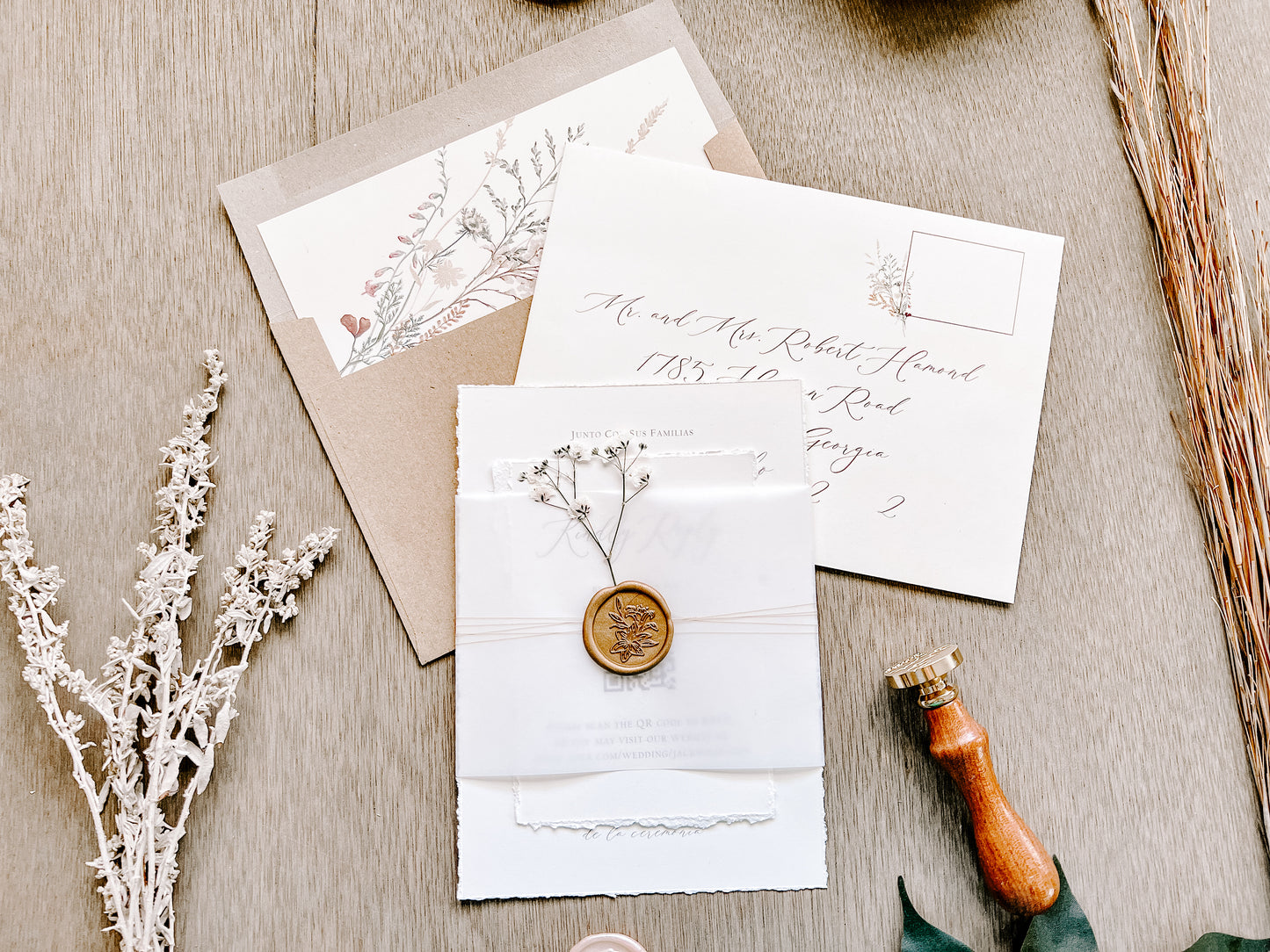 Vintage Ivory Baby’s Breath Wedding Invitation with Deckled Edging, Vellum Belly Band and Wax Seal