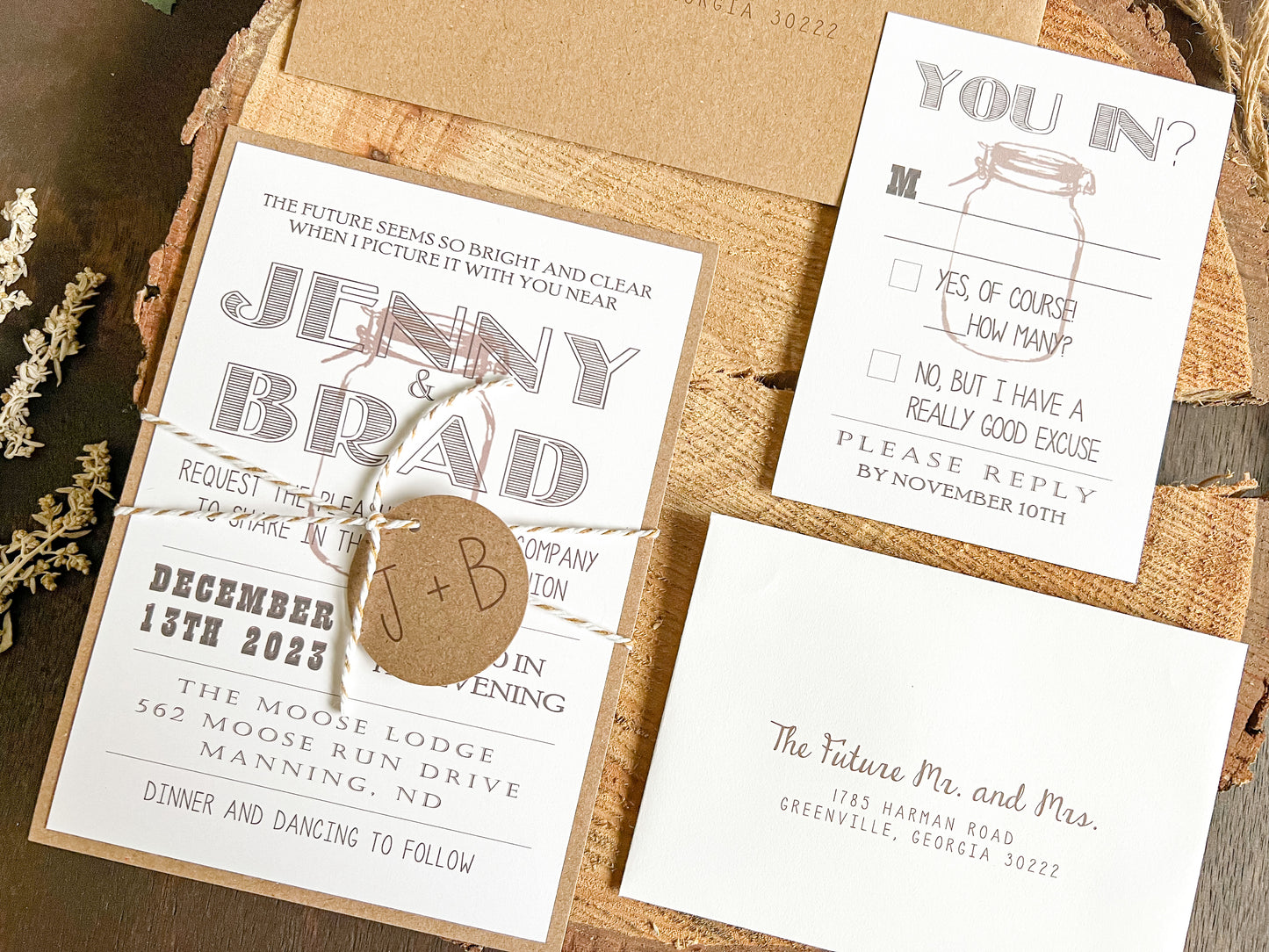 Country Farm Barn Wedding Invitation with Twine and Round Monogram Tag