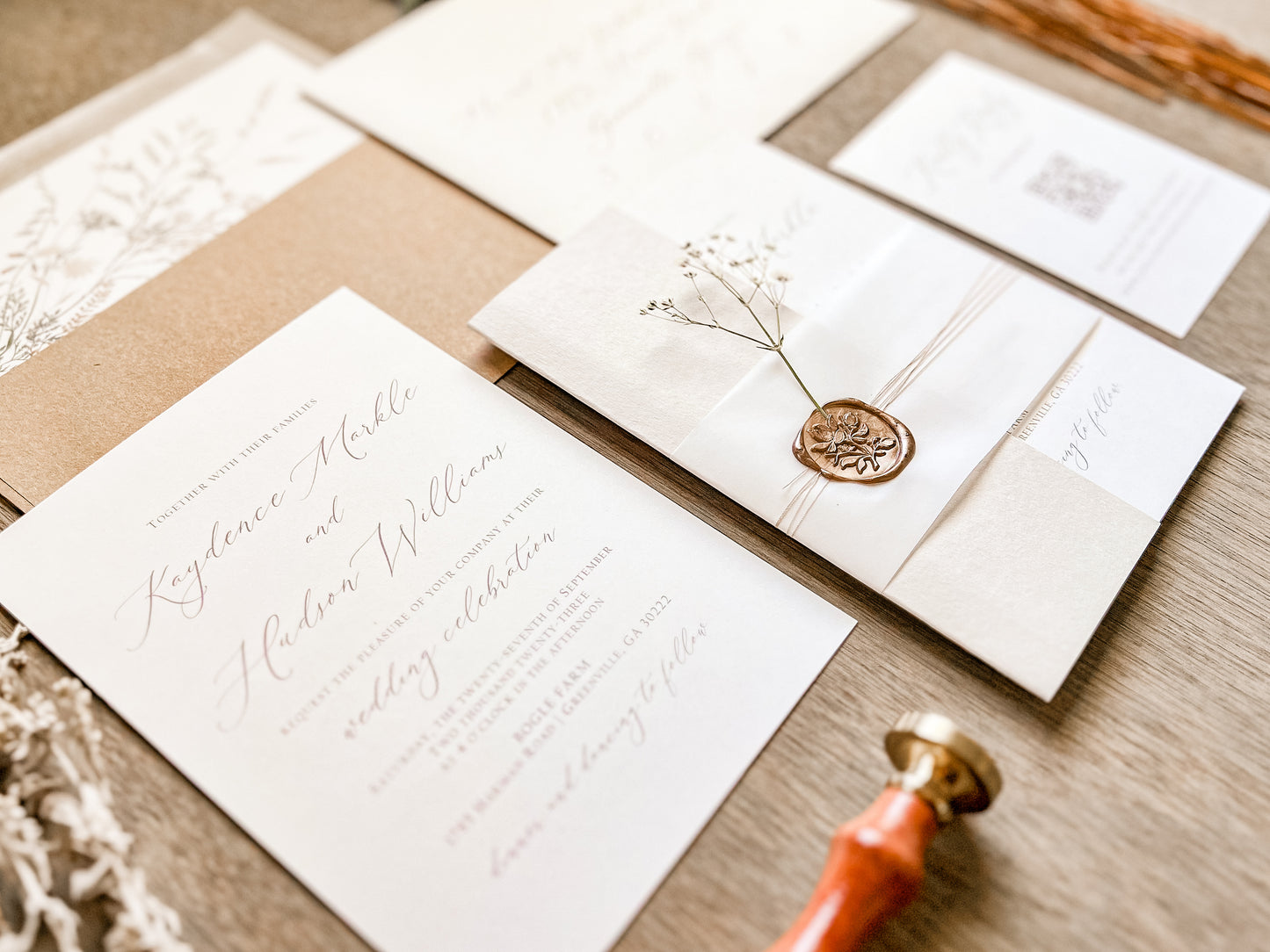 Elegant Beige & Ivory Wedding Invitation with Baby’s Breath