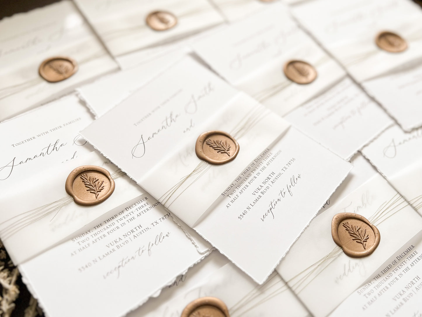 Simple Deckled Edge Wedding Invitation with Vellum and Wax Seal