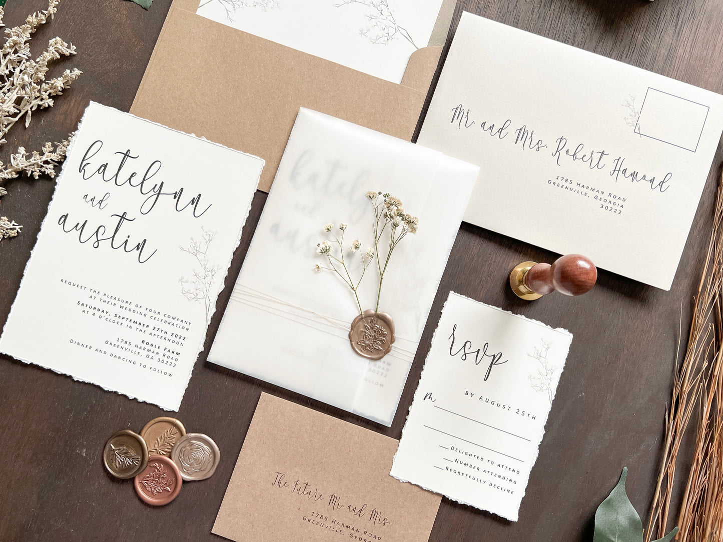 Baby’s Breath Wedding Invitation with Deckled Edging, Vellum Wrap and Wax Seal