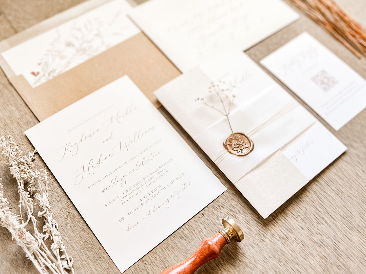 Elegant Beige & Ivory Wedding Invitation with Baby’s Breath