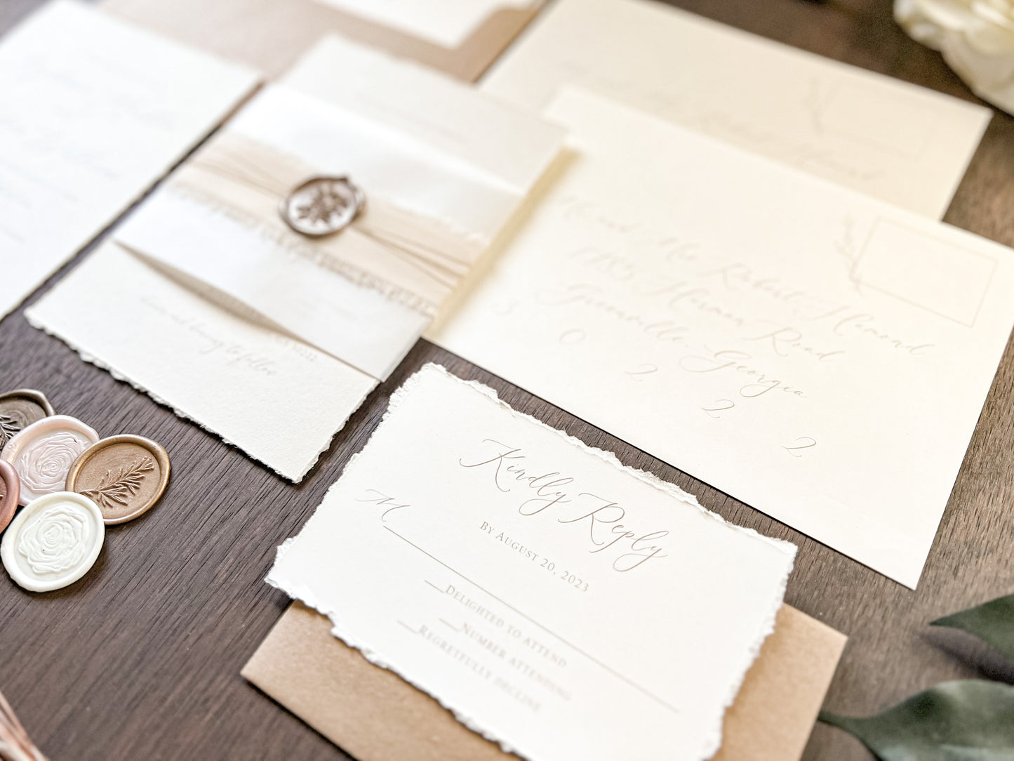 Neutral Wedding Invitation with Deckled Edging, Vellum Bellyband, Chiffon Ribbon and Wax Seal