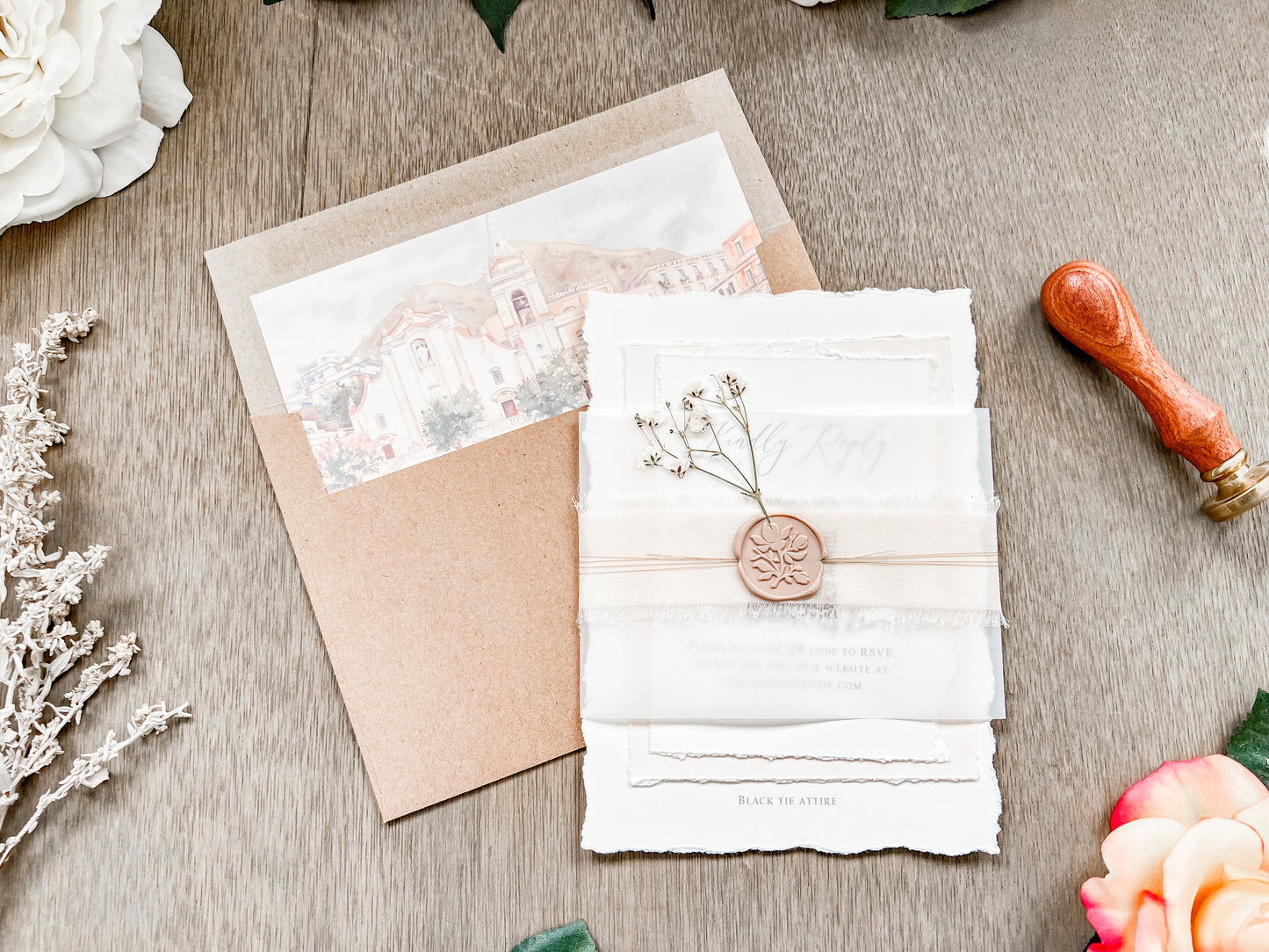 Neutral Wedding Invitation with Deckled Edging, Vellum Belly Band, Chiffon Ribbon, Dried Baby’s Breath and Wax Seal