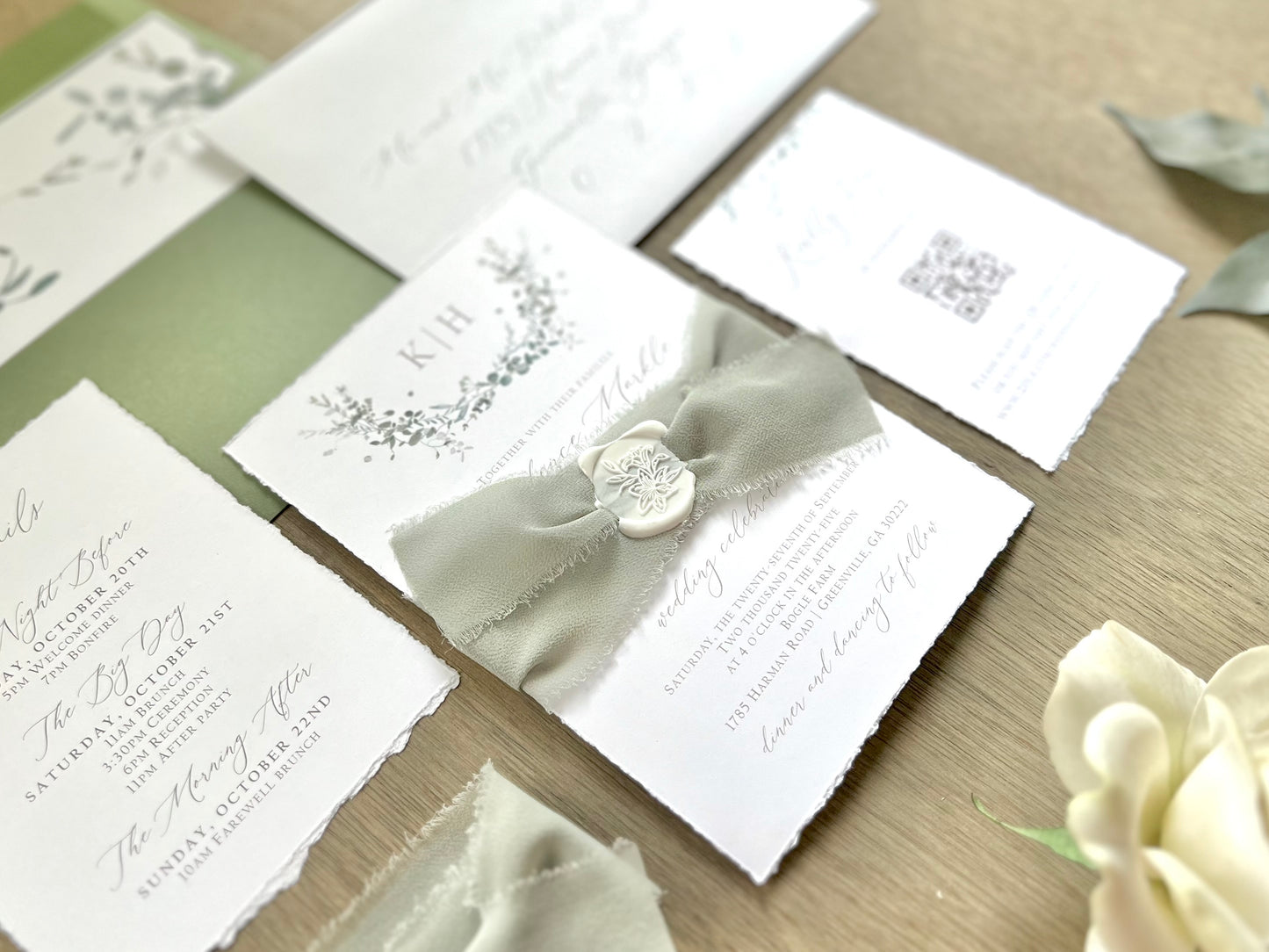 Monogram Wedding Invitation with Laurel Wreath, Dusty Sage Green Ribbon, Wax Seal & Deckled Edging