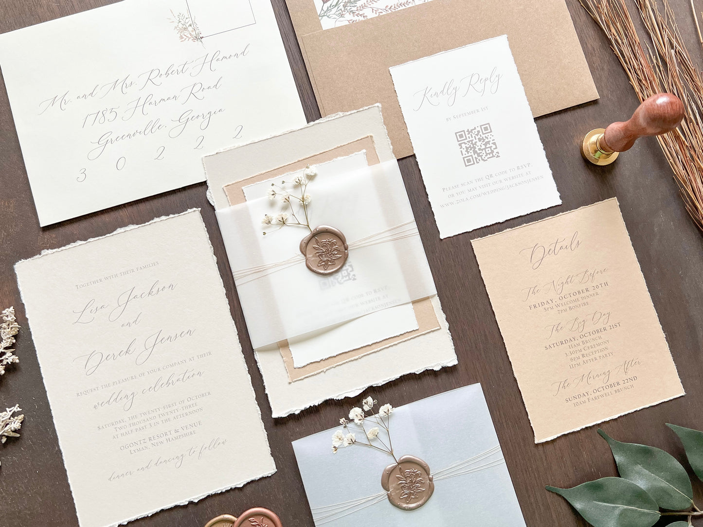 Neutral Baby’s Breath Wedding Invitation with Deckled Edging, Vellum and Wax Seal