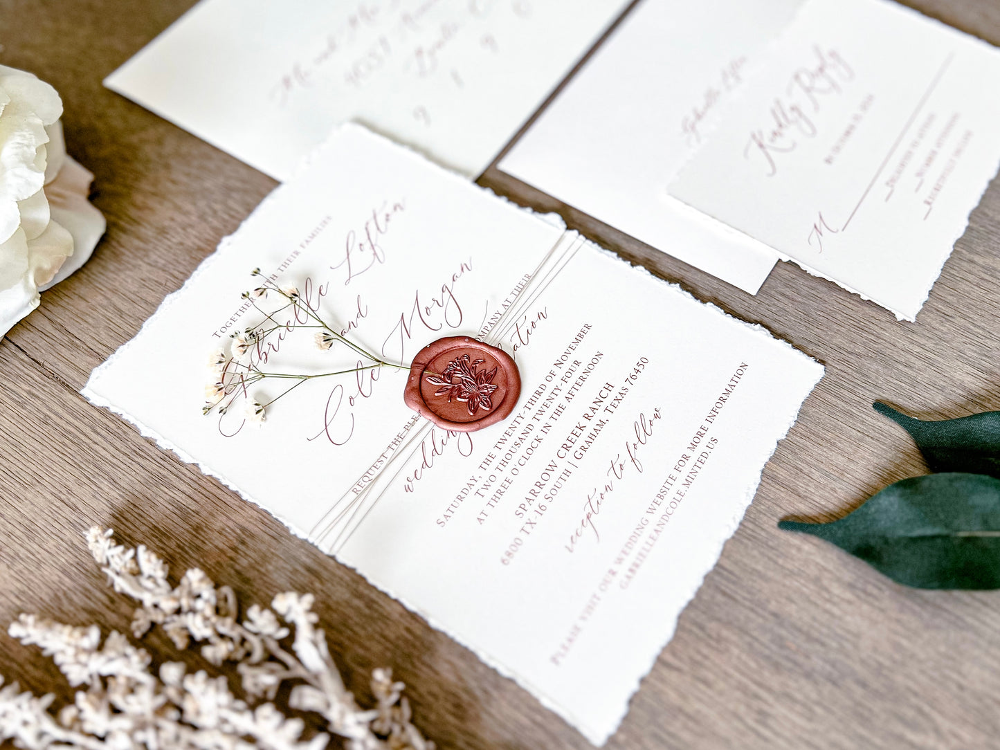 Ivory Baby’s Breath Wedding Invitation with Deckled Edging, Khaki Thread and Copper Wax Seal