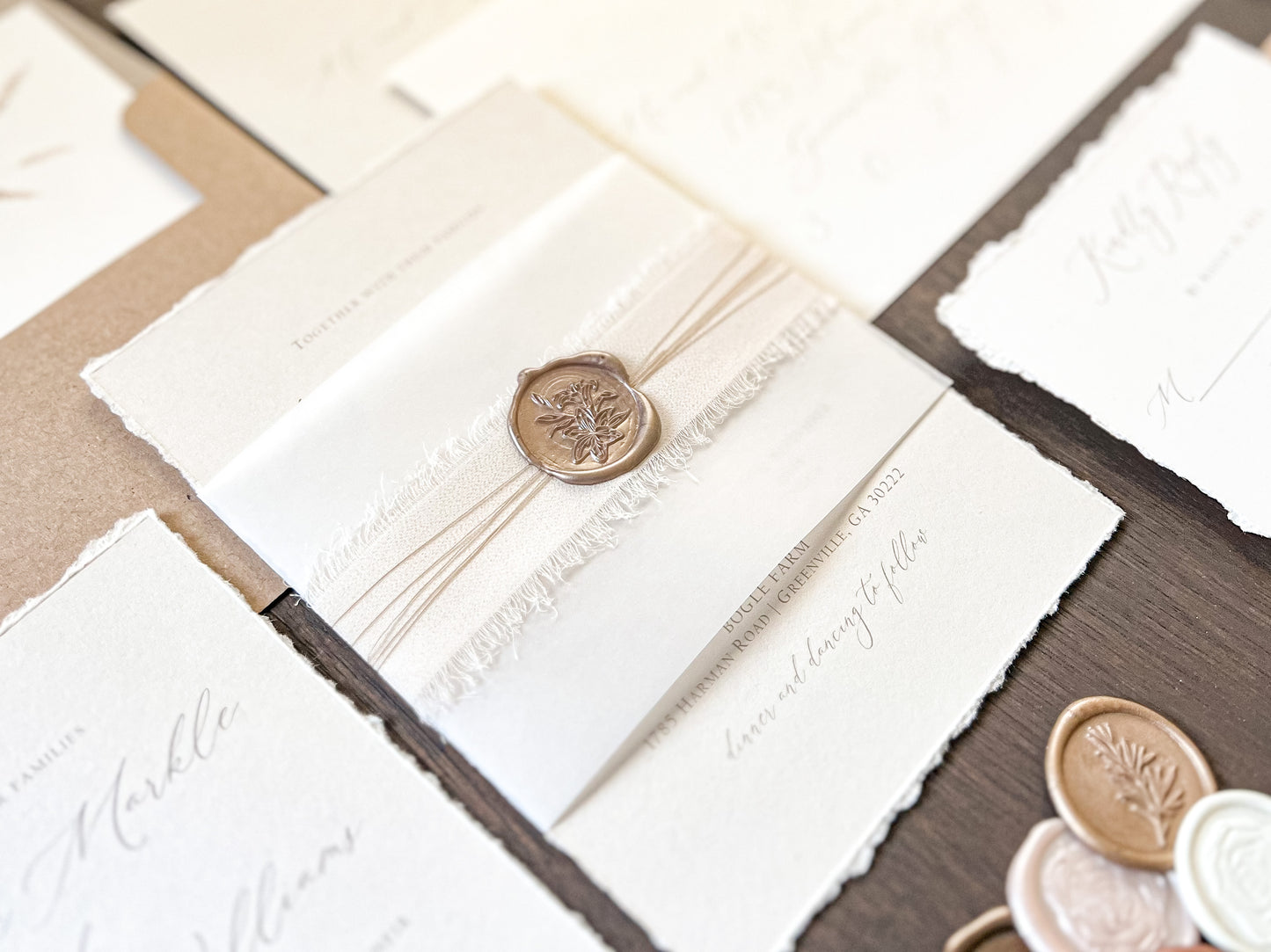 Neutral Wedding Invitation with Deckled Edging, Vellum Belly Band, Chiffon Ribbon and Wax Seal