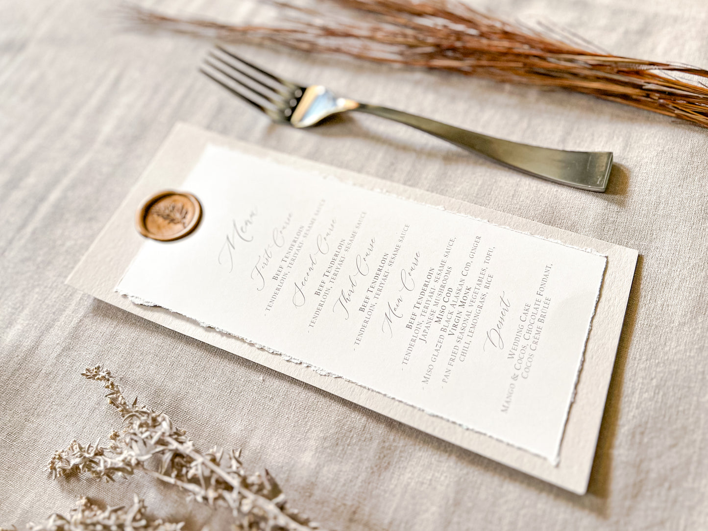 Wedding Menus with Deckled Edge and Colored Backing