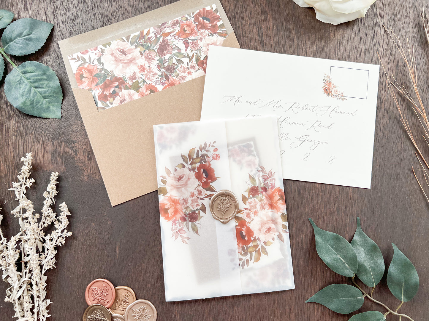 Copper & Rust Foliage Boho Wedding Invitation with Deckled Edging, Vellum & Wax Seal
