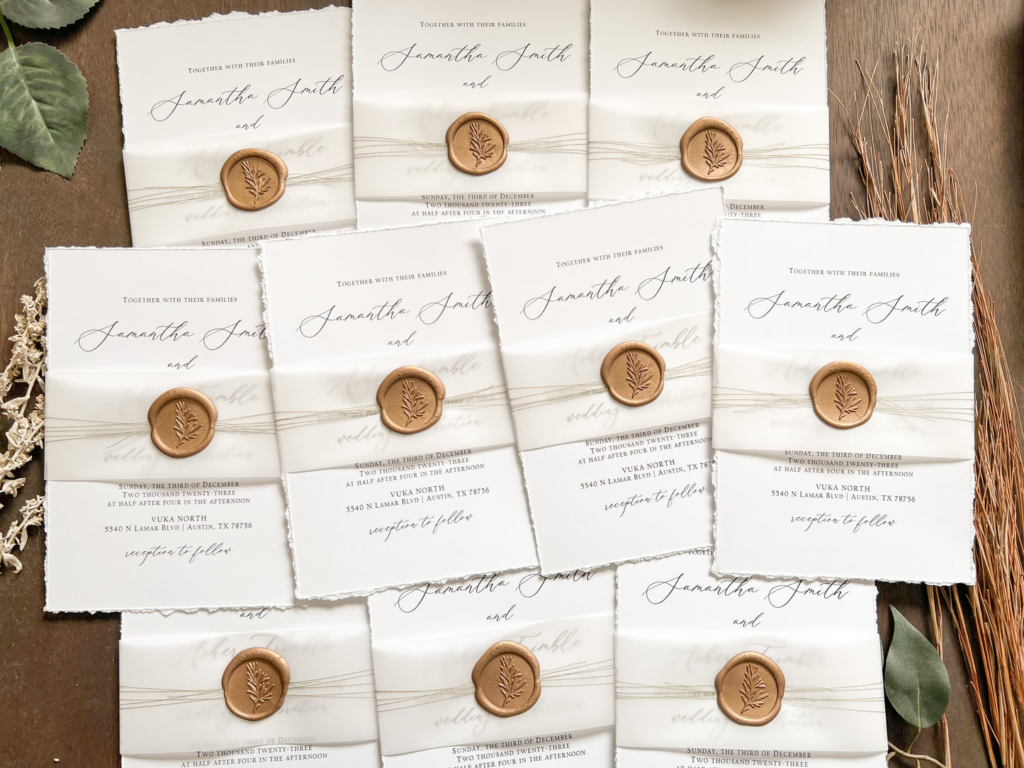 Simple Deckled Edge Wedding Invitation with Vellum and Wax Seal