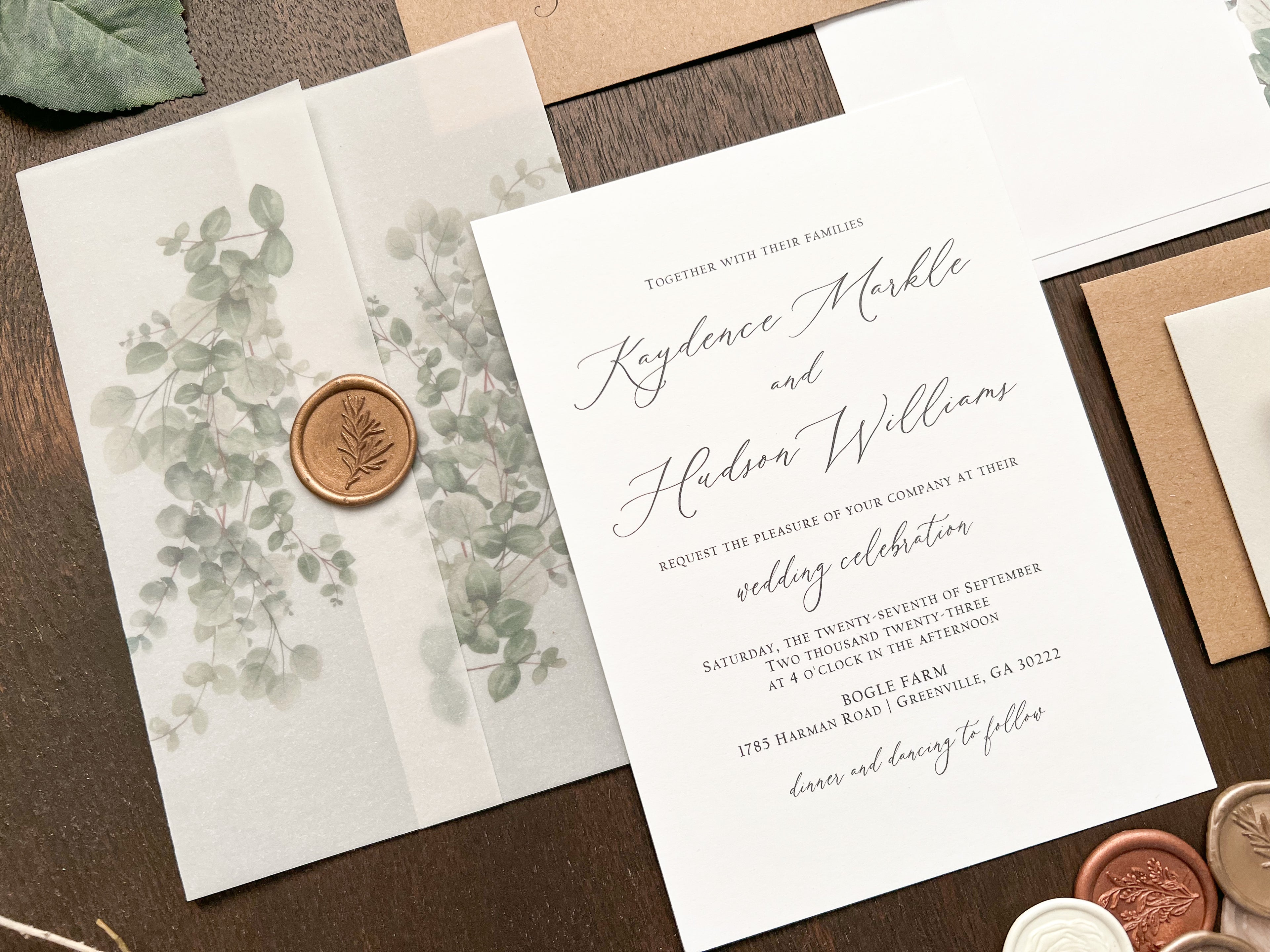 Eucalyptus Vellum Wedding Invitation with Antique Gold Wax Seal