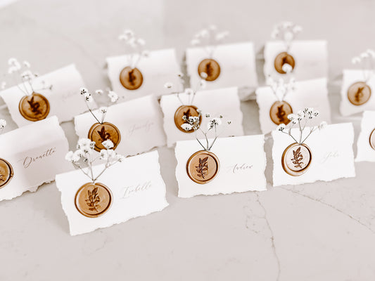 Folding Tent Wedding Place Cards with Baby’s Breath, Wax Seal and Deckled Edging