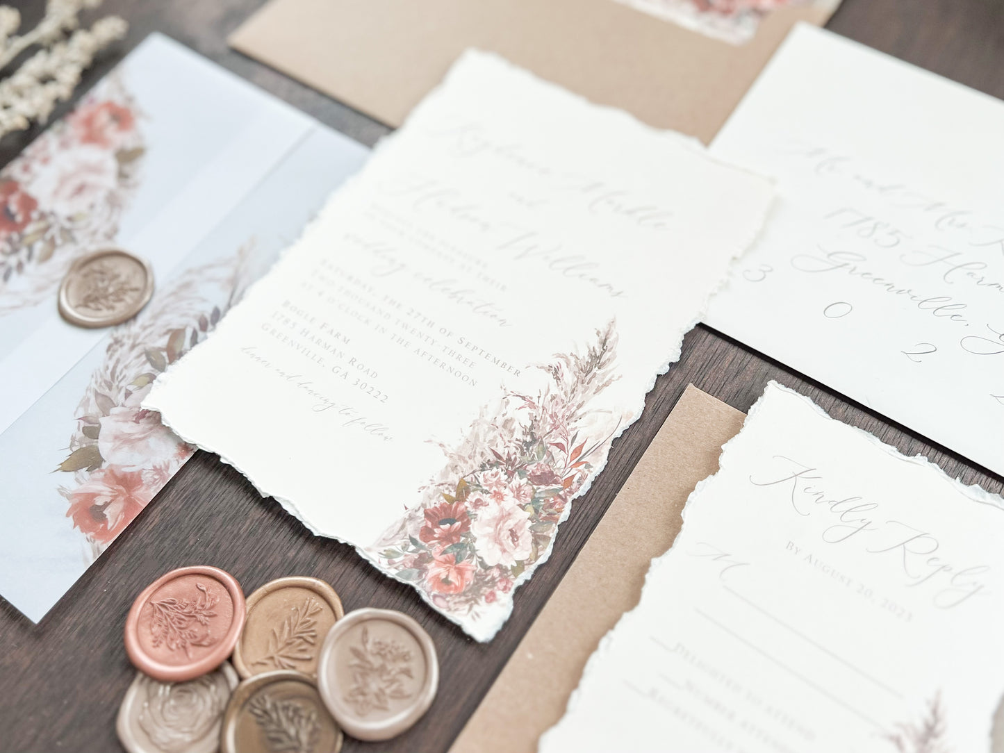 Pampas & Copper Foliage Boho Wedding Invitation with Deckled Edging, Vellum & Wax Seal