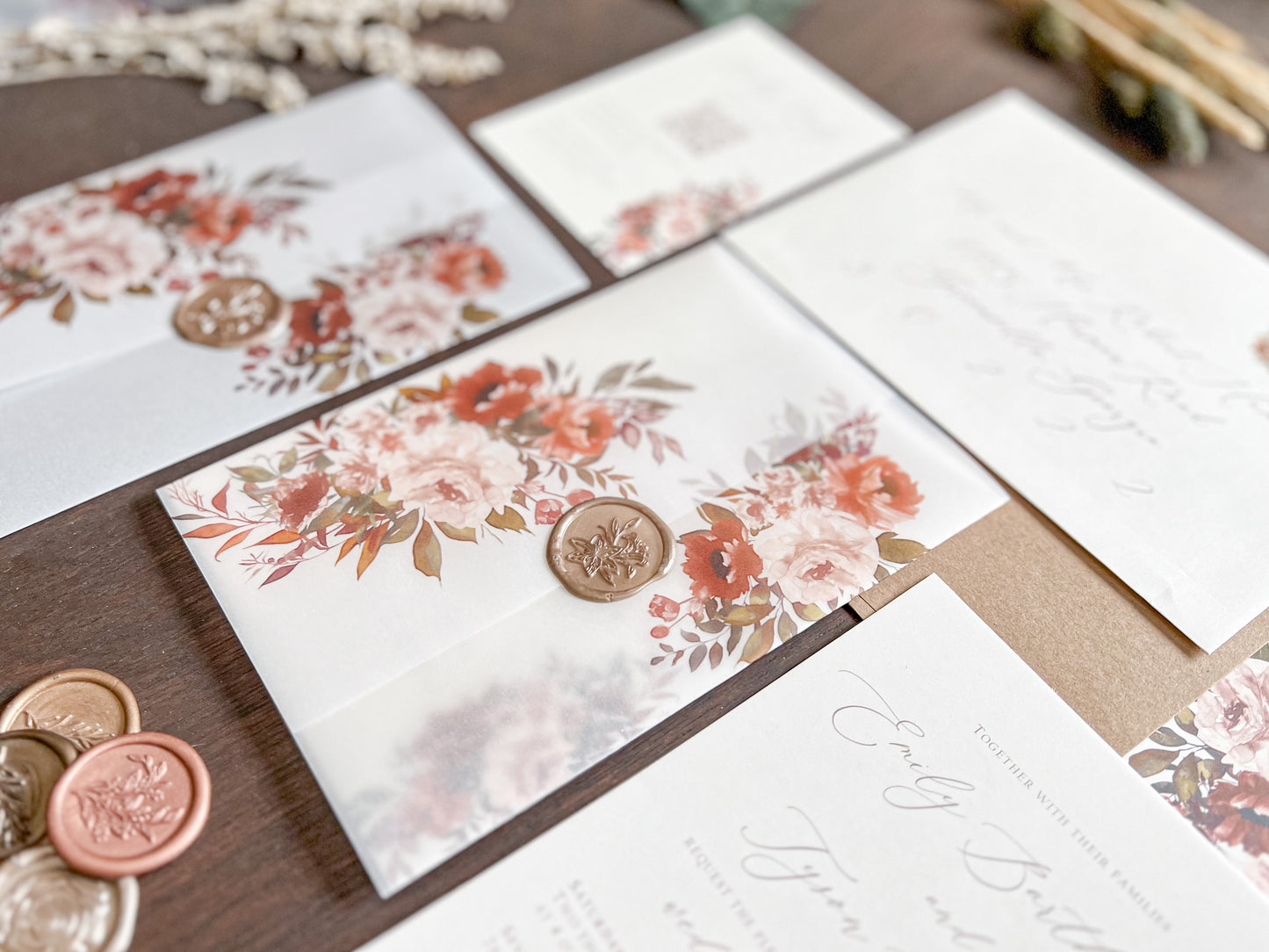 Boho Wedding Invitation wrapped in Vellum & Wax Seal with Copper, Burnt Orange & Rust Foliage