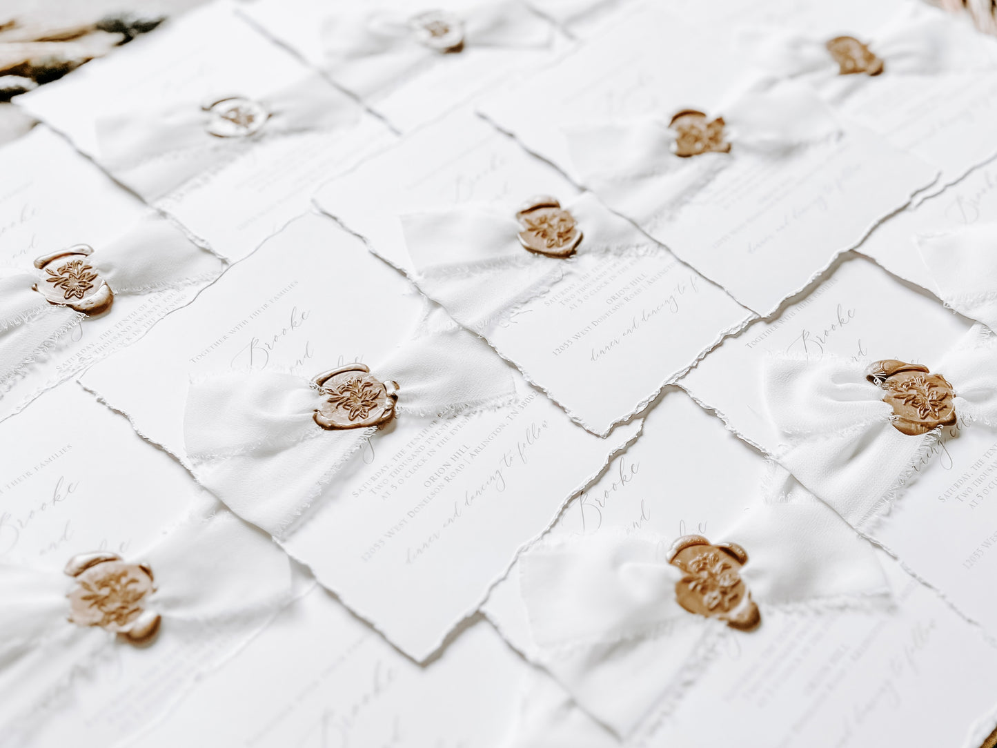 Classic Elegant Wedding Invitation with Deckled Edging, White Chiffon Ribbon & Wax Seal