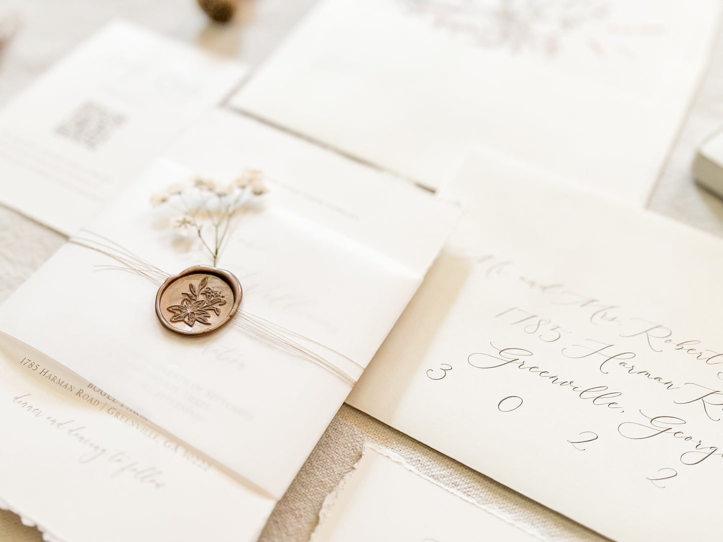 Elegant Ivory Baby’s Breath Invitation with Deckled Edging