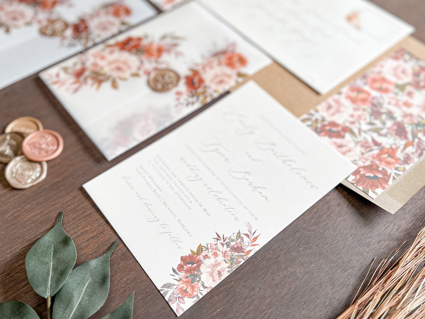 Boho Wedding Invitation wrapped in Vellum & Wax Seal with Copper, Burnt Orange & Rust Foliage