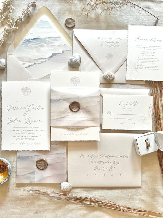 Ocean Waves Beach Wedding Invitation with Vellum & Wax Seal