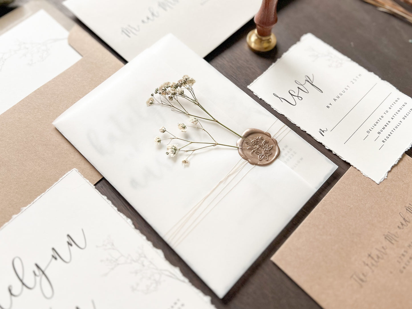 Baby’s Breath Wedding Invitation with Deckled Edging, Vellum Wrap and Wax Seal