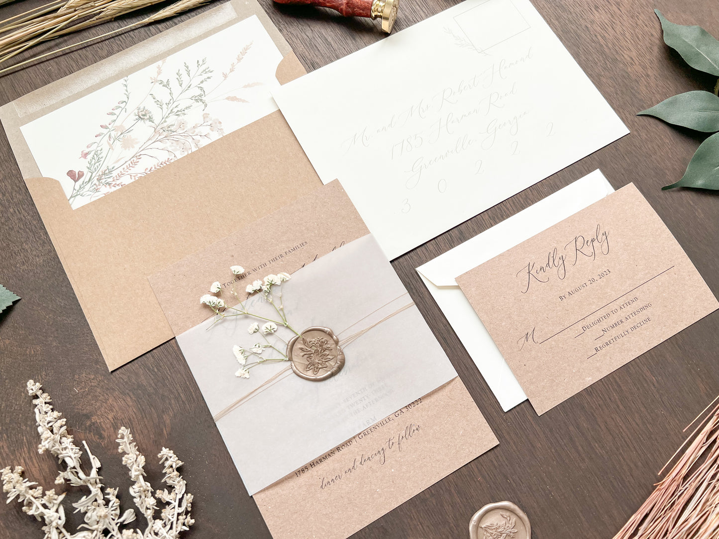 Rustic Kraft Baby’s Breath Wedding Invitation