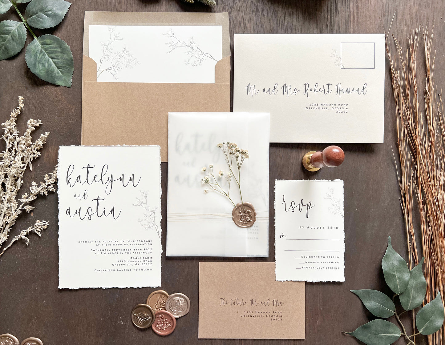 Baby’s Breath Wedding Invitation with Deckled Edging, Vellum Wrap and Wax Seal