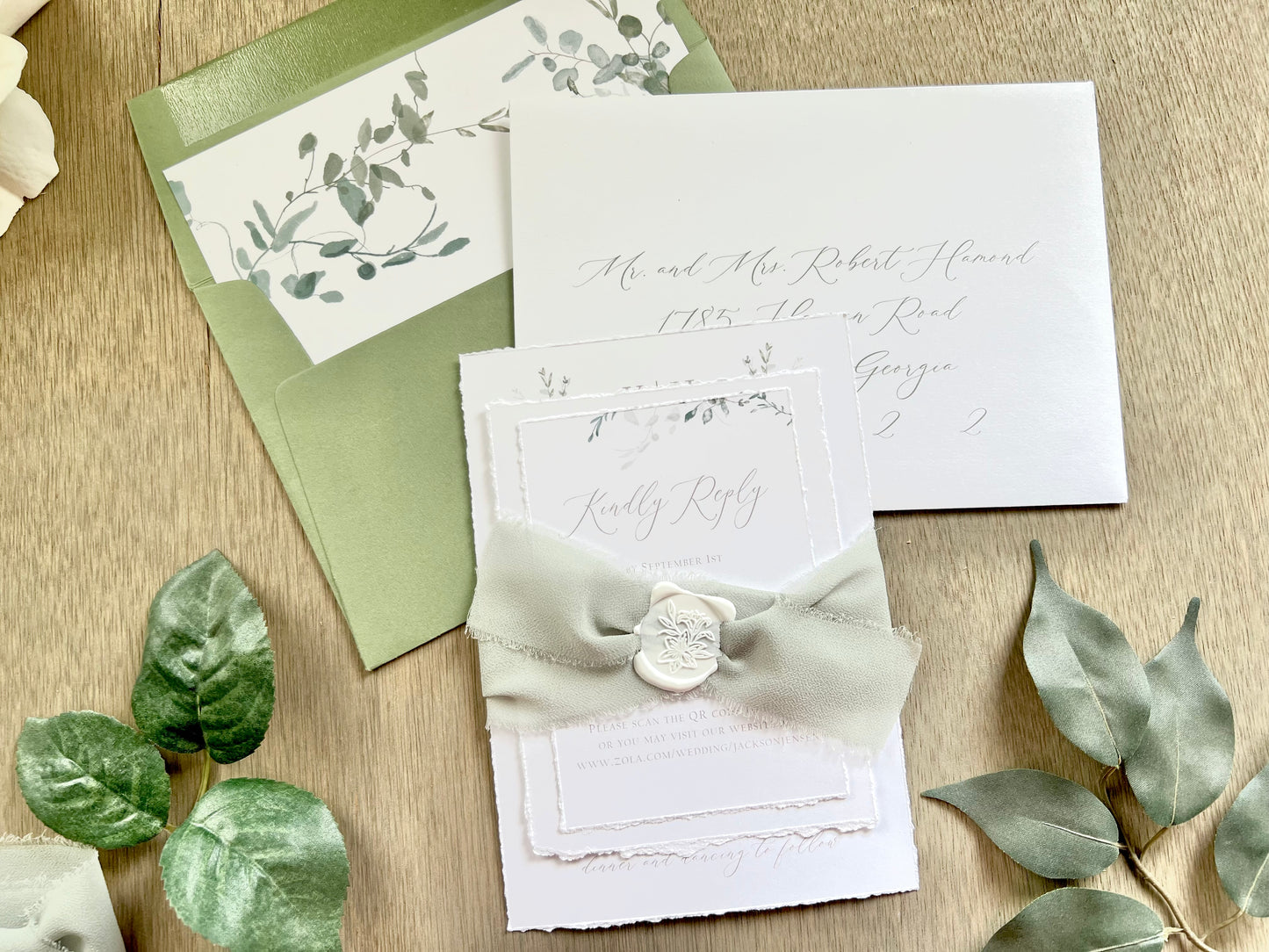 Monogram Wedding Invitation with Laurel Wreath, Dusty Sage Green Ribbon, Wax Seal & Deckled Edging