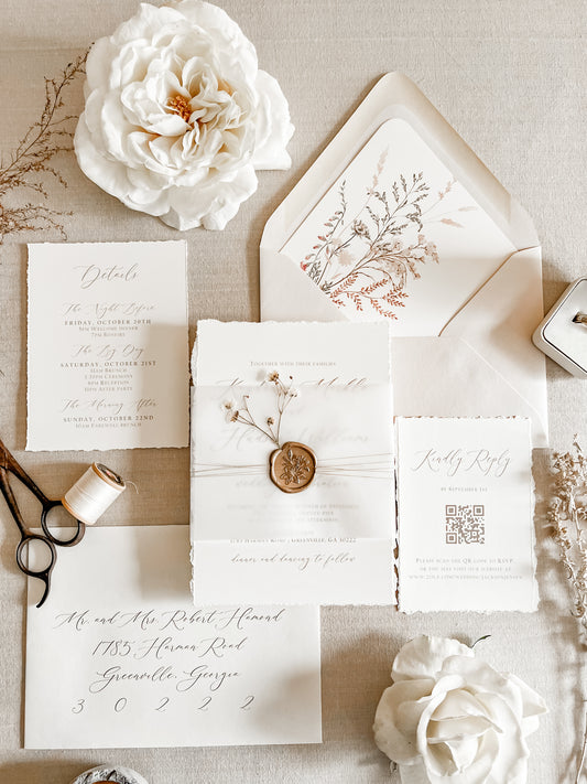Elegant Ivory Baby’s Breath Invitation with Deckled Edging