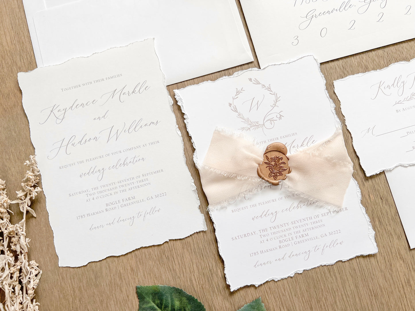 Modern Elegant Wedding Invitation with Light Nude Chiffon & Wax Seal